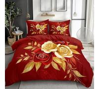Ypthriline Rose King Size Duvet Cover Sets, Red Gold Duvet Cover Sets with Zipper Closure, Soft Microfiber Bedding Set, with 2 Pillow Cases 50x75 cm, for Use with Teenage and Adults