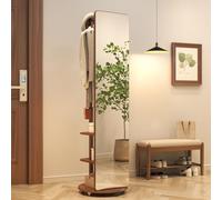 YQJJGL Full Length Mirror with Coat Rack, 3-in-1 Free Standing Floor Mirror with 360° Rotating Base and Hooks, Solid Wood Frame Long Full Body Dressing Mirrors with Storage for Cloakroom (Walunt)