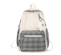YQkoop Aesthetic Backpack Kawaii Plaid Backpack Sage Green Backpack for Girls Teens Cute School Supplies Aesthetic Daypack with Plush Pendant