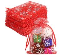 YQL 100Pcs Christmas Organza Bags, 10X15cm Red Organza Bags Medium Snowflake Drawstring Giftbag Little Mesh Bag Favourbags for Jewelry Candy Makeup Packing, Christmas Treat Bag