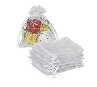 YQL 100Pcs Christmas Organza Bags, 8X10cm White Organza Bags Small Snowflake Drawstring Gift Bags, Little Mesh Favour Bags for Jewelry Candy Makeup Bracelet Packing, Christmas Drawstring Giftbags