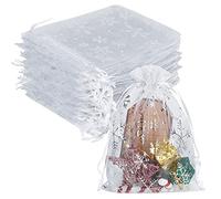 YQL 100Pcs Christmas Organza Bags Medium 13X18cm, Organza Gift Bags White Snowflake with Drawstring for Jewelry Candy Makeup Bracelet Packing, Christmas Drawstring Gift Bags, Festival Treat Bags