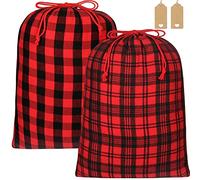 YQL 2PCS Extra Large Christmas Sacks, 71x51cm Christmas Drawstring Gift Bags with Tags Holiday Wrapping Bags Fabric Gift Bags Buffalo Plaid Drawstring Bags for Package Birthday Thanksgiving Holiday