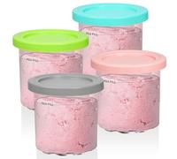 YQL 4-Pack 16oz Ice Cream Containers with Lids for Ninja Ice Cream Maker NC300UK, Clear Dessert Tubs 450ml Dishwasher Safe (Grey, Pink, Blue, Green)
