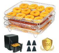 YQL 8 Inch Three Layers Air Fryer Racks with 4 Feet for COSORI 5.5L/Russell Hobbs XXL, Square Air Fryer Accessories | Diagonal: 25.5 cm | Stackable Airfryer Basket Trays for Airfryer 5.5L-8L and Oven