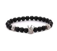 YQMR 7 Chakra Natural Stone Bracelet, Matte Onyx with Silver Crown and Two Diamond Cut Corner Natural Stone Bead, Black, Silver, 7.3 inches