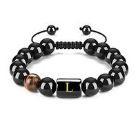 YQMR Adjustable Stone Beads Bracelet7 Chakra Women Adjustable Braided Rope Stone Bead Bangle Black Agate “L” With One Tiger Eye Men Natural Stone Braided Rope Bracelet