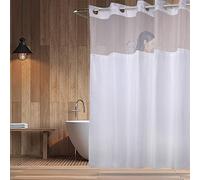 YQN (no liner) - On Hookless Shower Curtain Hookless Polyester 180cm x 190cm Shower Curtain with Light-Filtering Mesh Screen and Magnets Anti mildew Premium ABS Flex-On Rings White