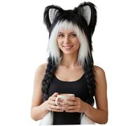 YQNISCU Furry Hat with Ears, Anime Style Fluffy Braids, Soft Plush Cat Ear Therian Stuff for Cosplay Party Black+red -(Black+white)