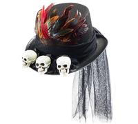 YQNISCU Steampunk Hat Spooky Halloween Top with Feathers, Black Mesh and 3 Skulls Head Headpiece Accessories Fits for 22-23" for, Masquerade -
