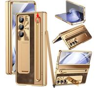 YQODSZ for Samsung Galaxy Z Fold 5 Case with S Pen Holder & Slim Stylus, Fold5 PU Leather Phone Case with Kickstand Built in Screen Protector Camera Protector Protective Cover for Z Fold5 Gold+Coffee