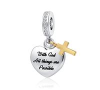 YQSLIN Heart Religions Cross Charm Fits Pandora Bracelets with God All Things are Possible Christian Bible Verse Bead for Women