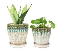 YQSLYSF 6 Inch + 5 Inch Ceramic Planter with Drainage Hole and Saucer for Plants, Indoor-Outdoor Round Succulent Orchid Garden Flower Pot - Set of 2