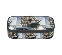 YQTGBCED Old Pirate Ship in The Sea Print Large Capacity Pen Case with Organizer,Oxford Cloth Material,Multiple Compartments