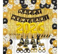 YQUQWN 67PCS New Years Decorations Kit 2026 New Years Foil Balloons Banner Hat Photo Props Necklace Glasses Gold Foil Curtains Accessories for 2026 Eve Party Decorations Supplies
