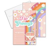 YQV Birthday Invitations, 4"x6" 2nd Birthday Party Invitations with Envelopes for Rainbow Two Groovy Floral Party Decorations Supplies(20 Pieces)-C11