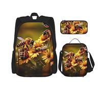 YQxwJL 3-in-1 backpack bookbag set,clothes carry cute corgi dogs print casual travel backpacks,with pencil case pencil case,lunch bag, Rural Honey Bees Flowers, One Size
