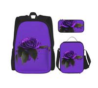 YQxwJL 3-in-1 Backpack Bookbag Set, Firefighter Firefighter Flame Print Casual Travel Backpacks, with Pencil Case Pouch, Lunch Bag, Purple Rose Print, One Size