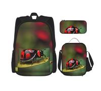 YQxwJL 3-in-1 Backpack Set, Casual Firefighter Print Travel Backpack with Pen Case, Lunch Bag, Red Ladybug Dasisy, One Size