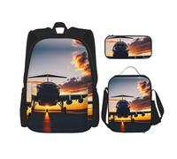 YQxwJL 3-in-1 Backpack Set, Casual Travel Backpack with Starfish Print on the Beach, Pencil Case, Lunch Bag, Plane at sunset, One Size