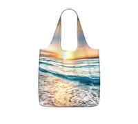 YQxwJL Beach Sunset Ocean Waves Print Ultralight Foldable Tote With Drawstring, Reusable Grocery And Travel Bag Packable Collapsible