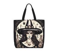 Yqxwjl Black and White Stripe Print Tote Bag with Zipper Large Capacity Tote Bag Work Bag with Pockets, Magic Witch Bohemian Witchcraft, One Size