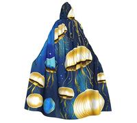 YQxwJL Blue and Gold Jellyfish print Hooded Cape Full Length Halloween Cloak Party Cloak Cosplay Party Costumes for Men and Women