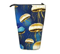 YQxwJL Blue And Gold Jellyfish Print Zippered Pencil Pouch Organizers Telescopic Pencil Bag Pen Holder Stationery Case For Office