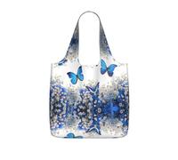 YQxwJL Blue Butterflies White Flowers Print Ultralight Foldable Tote With Drawstring, Reusable Grocery And Travel Bag Packable Collapsible