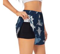 YQxwJL Blue Cartoon Shark Print Athletic High Waisted Running Shorts for Women Quick Dry Gym Workout Shorts for Summer Casual