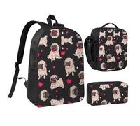 YQxwJL Cute Pug print 3 Pcs Backpack Set with Lunch Box and Pencil Case Backpack Bookbag for Daily Use
