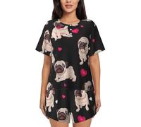 YQxwJL Cute Pug Print Women'S Pajamas Sets Shorts Short Sleeve Lounge Sets Sleepwear Casual Pjs With Pockets Black