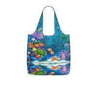 YQxwJL Ocean Sea Turtle Tropical Fish Starfish Print Ultralight Foldable Tote With Drawstring, Reusable Grocery And Travel Bag Packable Collapsible