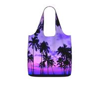 YQxwJL Palm Tree Purple Sunset Print Ultralight Foldable Tote With Drawstring, Reusable Grocery And Travel Bag Packable Collapsible