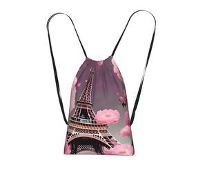 YQxwJL Paris Street Eiffel Tower Pink Floral Print Drawstring Backpack Foldable Drawstring Bag Large Capacity Gym Bag Track Bag For Women Men