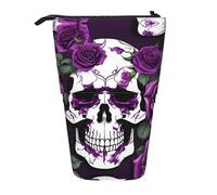 YQxwJL Purple Rose Skeleton Print Zippered Pencil Pouch Organizers Telescopic Pencil Bag Pen Holder Stationery Case For Office