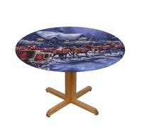 YQxwJL Snow Night Santa And Deer Print Round Picnic Tablecloth, Elastic Fitted Table Covers For 90-140 Cm Tables Camping Indoor Outdoor