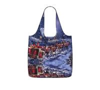 YQxwJL Snow Night Santa And Deer Print Ultralight Foldable Tote With Drawstring, Reusable Grocery And Travel Bag Packable Collapsible