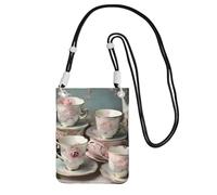 YQxwJL Tea Cups With Roses Romantic Print Sling Bag For Men Women, Casual Mini Phone Purses, Anti-Theft Phone Bag, For Hiking Travel