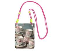 YQxwJL Tea Cups With Roses Romantic Print Sling Bag For Men Women, Casual Mini Phone Purses, Anti-Theft Phone Bag, For Hiking Travel