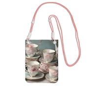 YQxwJL Tea Cups With Roses Romantic Print Sling Bag For Men Women, Casual Mini Phone Purses, Anti-Theft Phone Bag, For Hiking Travel