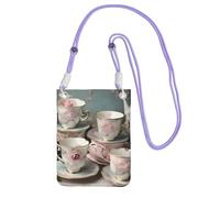 YQxwJL Tea Cups With Roses Romantic Print Sling Bag For Men Women, Casual Mini Phone Purses, Anti-Theft Phone Bag, For Hiking Travel