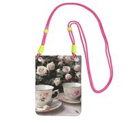 YQxwJL Tea Cups With Roses Romantic Shabby Print Sling Bag For Men Women, Casual Mini Phone Purses, Anti-Theft Phone Bag, For Hiking Travel, Fuchusia, One Size