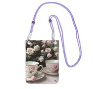 YQxwJL Tea Cups With Roses Romantic Shabby Print Sling Bag For Men Women, Casual Mini Phone Purses, Anti-Theft Phone Bag, For Hiking Travel, Purple, One Size