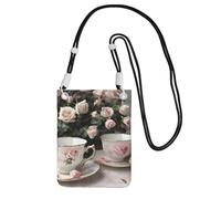 YQxwJL Tea Cups With Roses Romantic Shabby Print Sling Bag For Men Women, Casual Mini Phone Purses, Anti-Theft Phone Bag, For Hiking Travel, Black, One Size