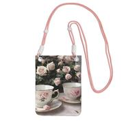 YQxwJL Tea Cups With Roses Romantic Shabby Print Sling Bag For Men Women, Casual Mini Phone Purses, Anti-Theft Phone Bag, For Hiking Travel, Pink, One Size