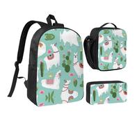 YQxwJL Tropical Llama Alpaca Cactus Flower print 3 Pcs Backpack Set with Lunch Box and Pencil Case Backpack Bookbag for Daily Use