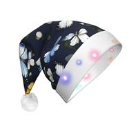 YQxwJL White Blooms With Blue Butterflies Print Hat Light Up Christmas Felt Elf Hat Led Hats Adults For Women Men, Great Holiday Gift