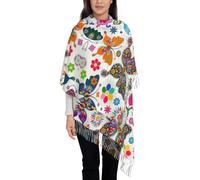YQxwJL White Floral Pattern Colorful Butterflies print Winter Pashmina-Shawl Wrap Scarf for Women Winter Scarf for Women Wedding Scarf, Black, One Size, Black, One Size