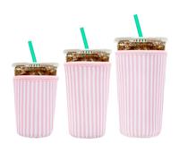 YR Reusable Neoprene Insulator Sleeve for Iced Coffee Cups, 3 Pack Coffee Coolies sleeves for Iced & Hot Drinks, Cold Beverage Cooler Compatible with Starbucks Coffee and More (Pink Stripes)